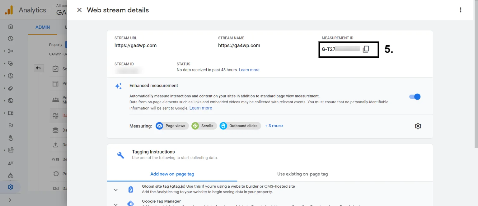 How to Get Mesurement ID for property in Google Analytics Version 4 ? GA4WP Find Mesurement ID 3
